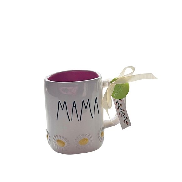Rae Dunn Sentimental "Mama" Ceramic Mug W/ Daisy Embossed Design & Pink Interior - Picture 2 of 7